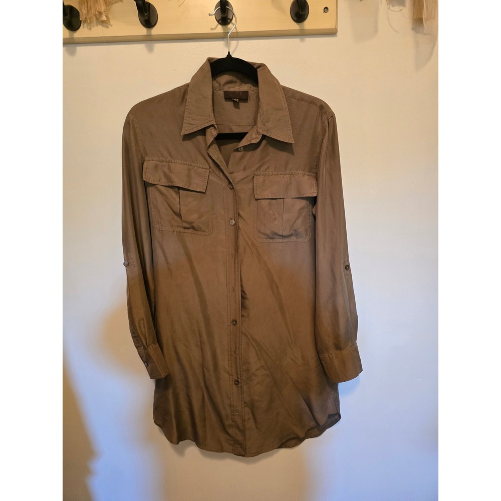 Pure Collection 100% Silk Utility Shirt Dress Taupe Brown Roll Tab Sleeve Sz 4